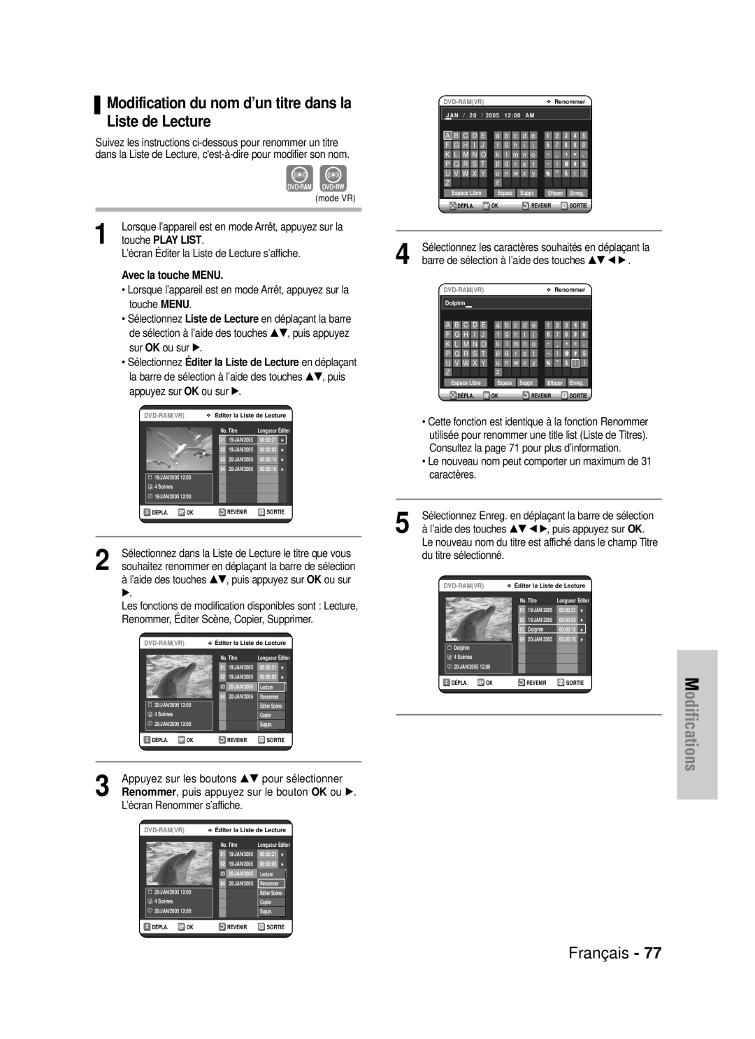 Samsung DVD-VR320/XEF, DVD-VR320P manual ’aide des touches …†, puis appuyez sur OK ou sur √, ’écran Renommer s’affiche 