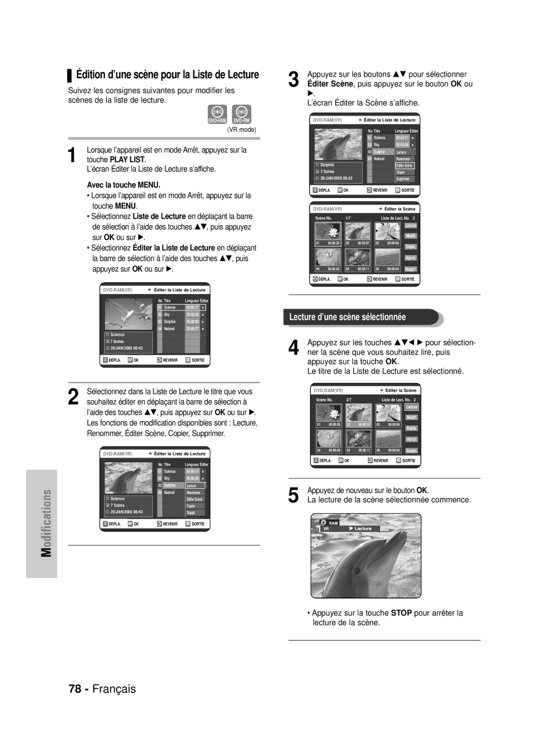 Samsung DVD-VR320P, DVD-VR320/XEF manual Édition d’une scène pour la Liste de Lecture 