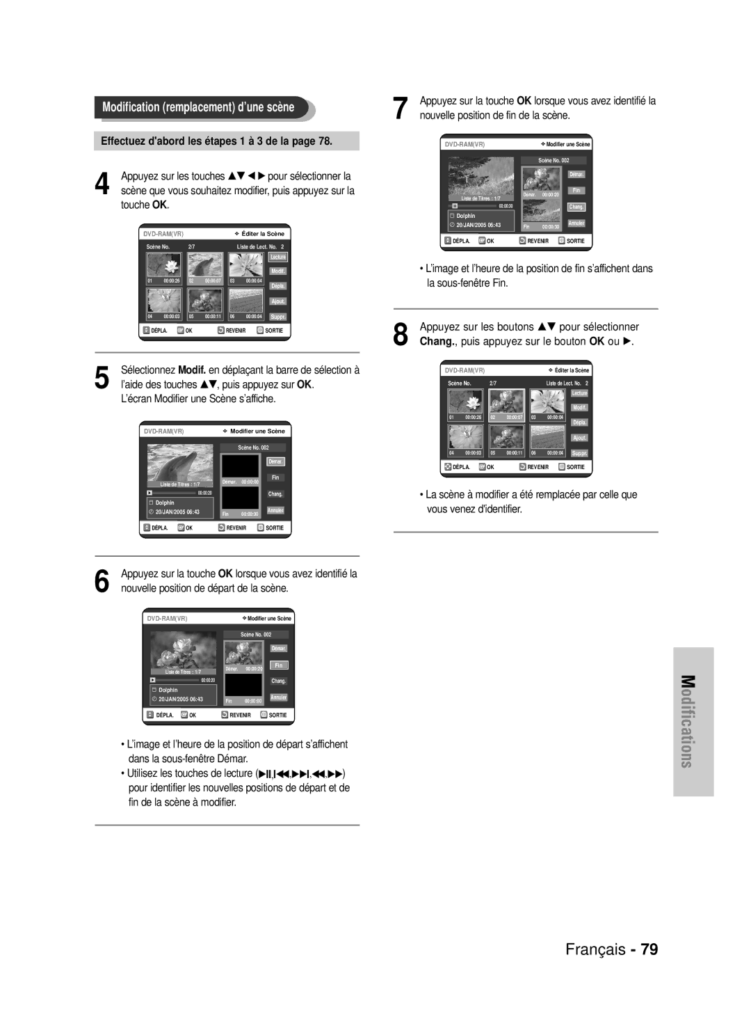 Samsung DVD-VR320/XEF, DVD-VR320P manual Effectuez dabord les étapes 1 à 3 de la, Nouvelle position de fin de la scène 