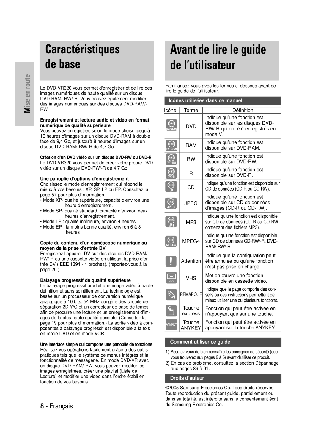 Samsung DVD-VR320P manual Caractéristiques, De base, Avant de lire le guide, Une panoplie d’options d’enregistrement 