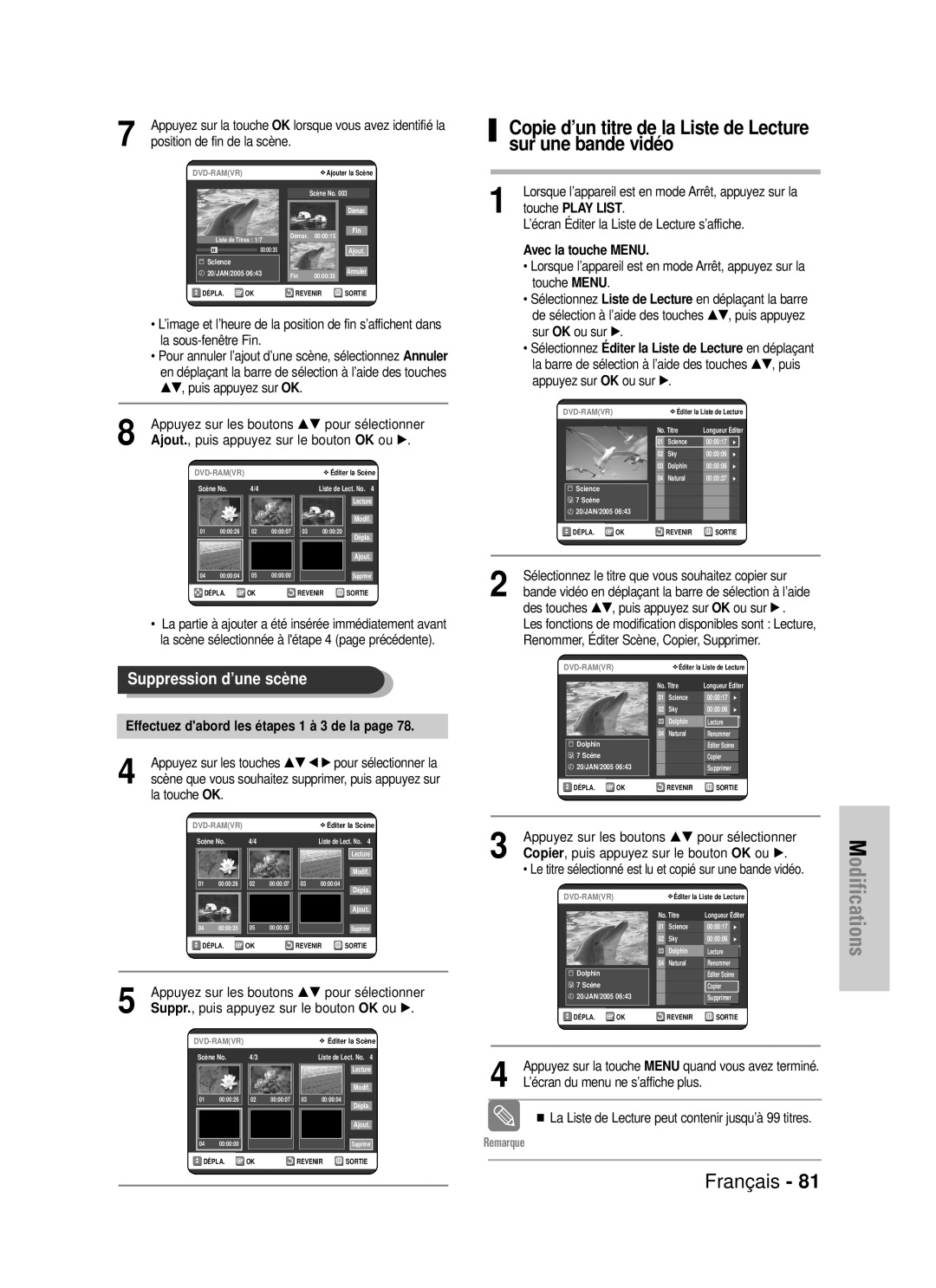 Samsung DVD-VR320/XEF, DVD-VR320P manual Copie d’un titre de la Liste de Lecture sur une bande vidéo 