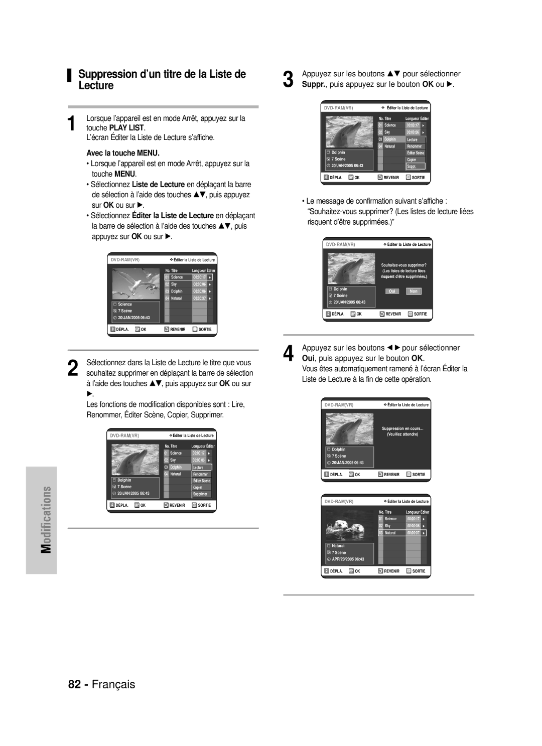 Samsung DVD-VR320P manual Suppression d’un titre de la Liste de Lecture, ’aide des touches …†, puis appuyez sur OK ou sur 