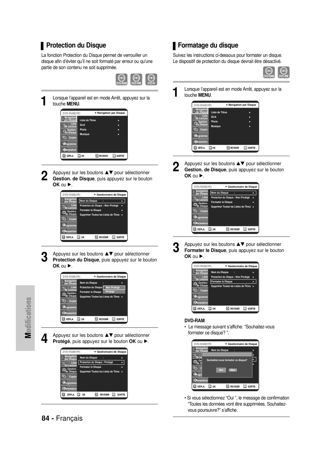 Samsung DVD-VR320P, DVD-VR320/XEF manual Formatage du disque, Protection du Disque, puis appuyez sur le bouton 