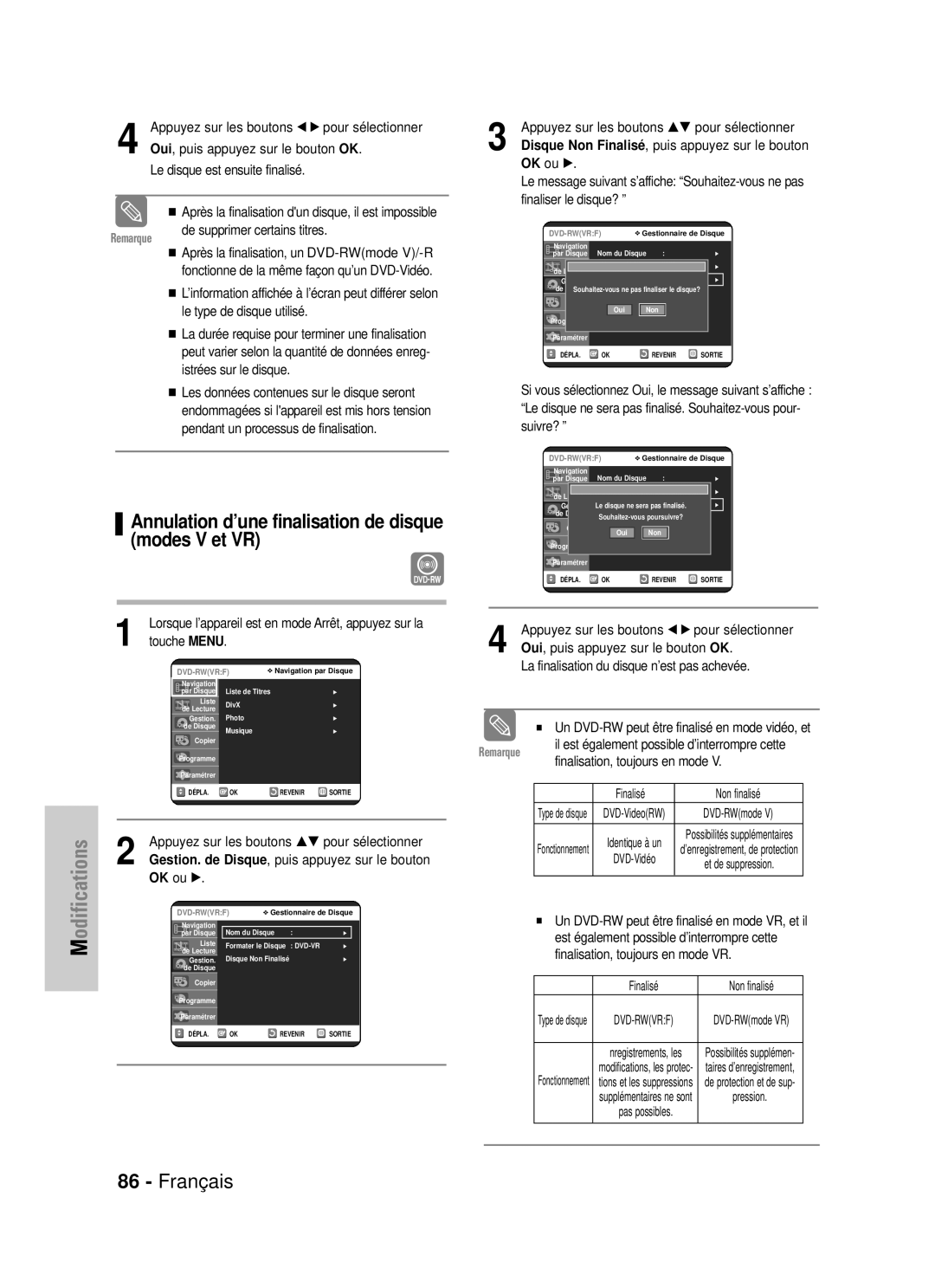 Samsung DVD-VR320P, DVD-VR320/XEF manual Annulation d’une finalisation de disque modes V et VR 