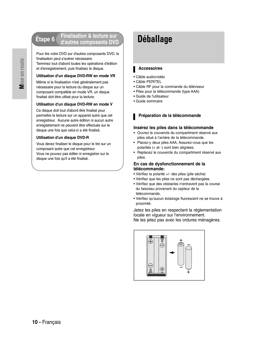 Samsung DVD-VR320P, DVD-VR320/XEF manual Déballage, Accessoires, En cas de dysfonctionnement de la télécommande 