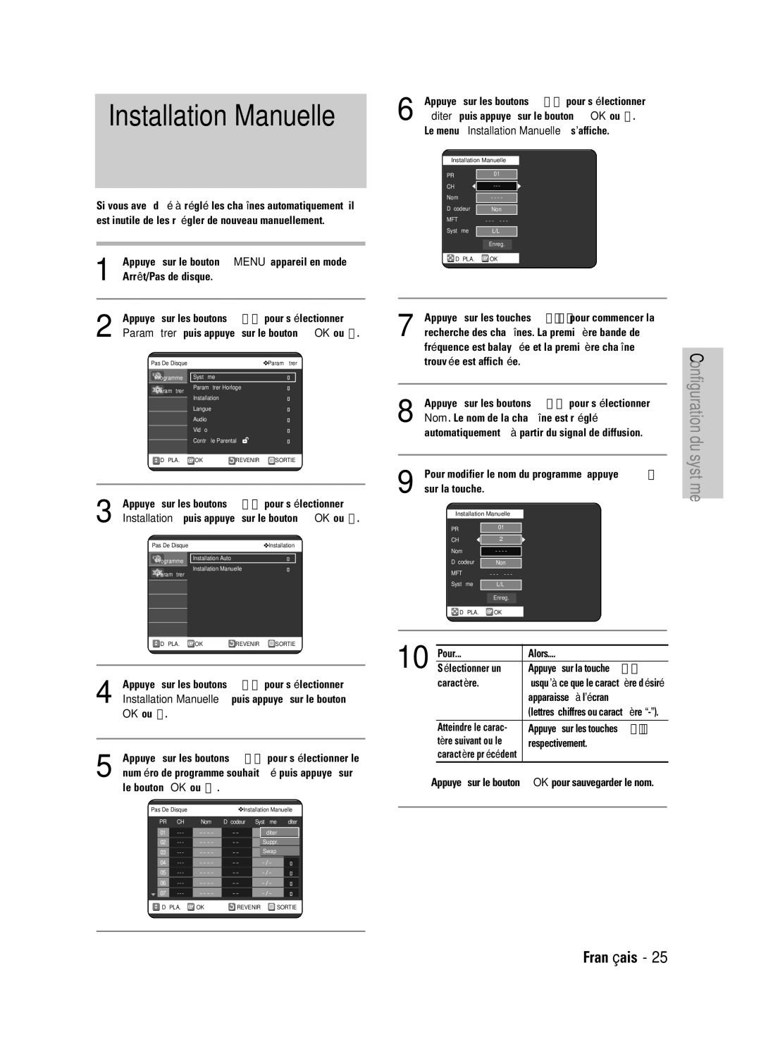 Samsung DVD-VR320/XEF, DVD-VR320P manual Le menu Installation Manuelle s’affiche 