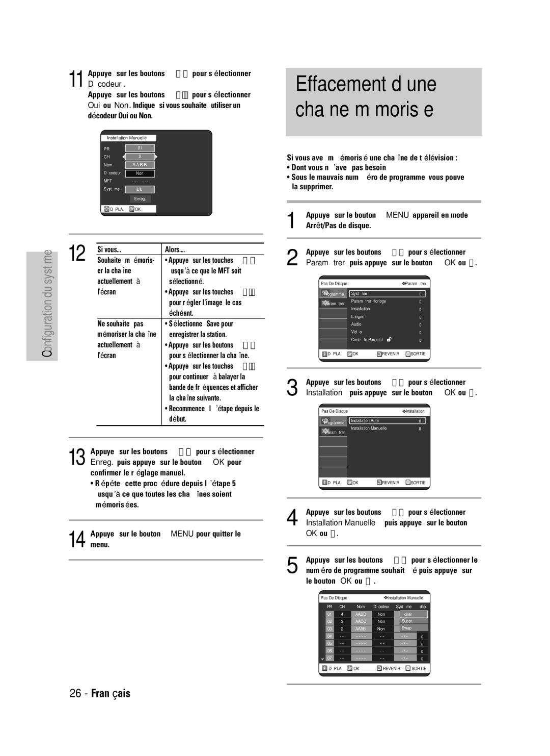 Samsung DVD-VR320P, DVD-VR320/XEF manual Effacement d’une chaîne mémorisée 