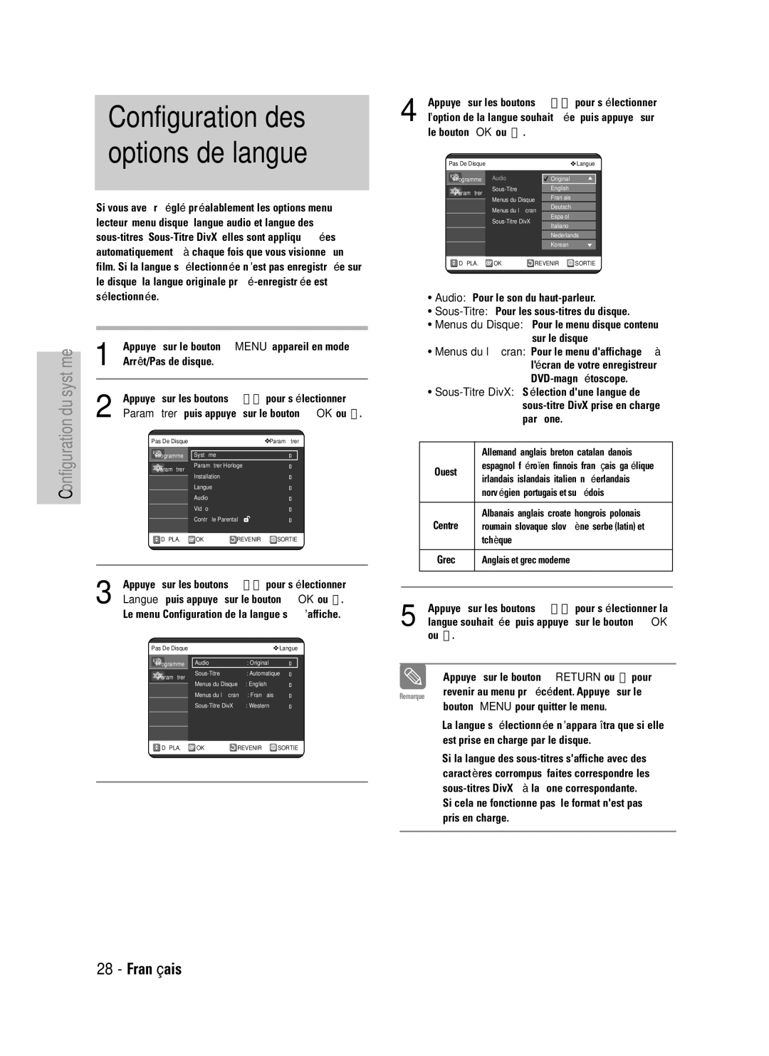 Samsung DVD-VR320P, DVD-VR320/XEF manual Configuration des options de langue, Langue, puis appuyez sur le bouton OK ou √ 