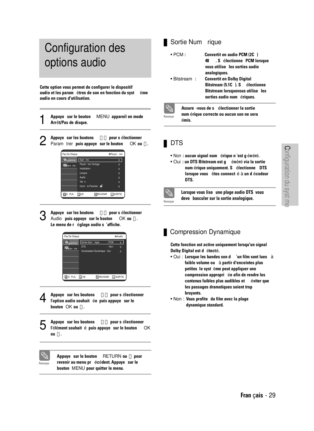 Samsung DVD-VR320/XEF, DVD-VR320P manual Configuration des options audio, Sortie Numérique, Compression Dynamique 