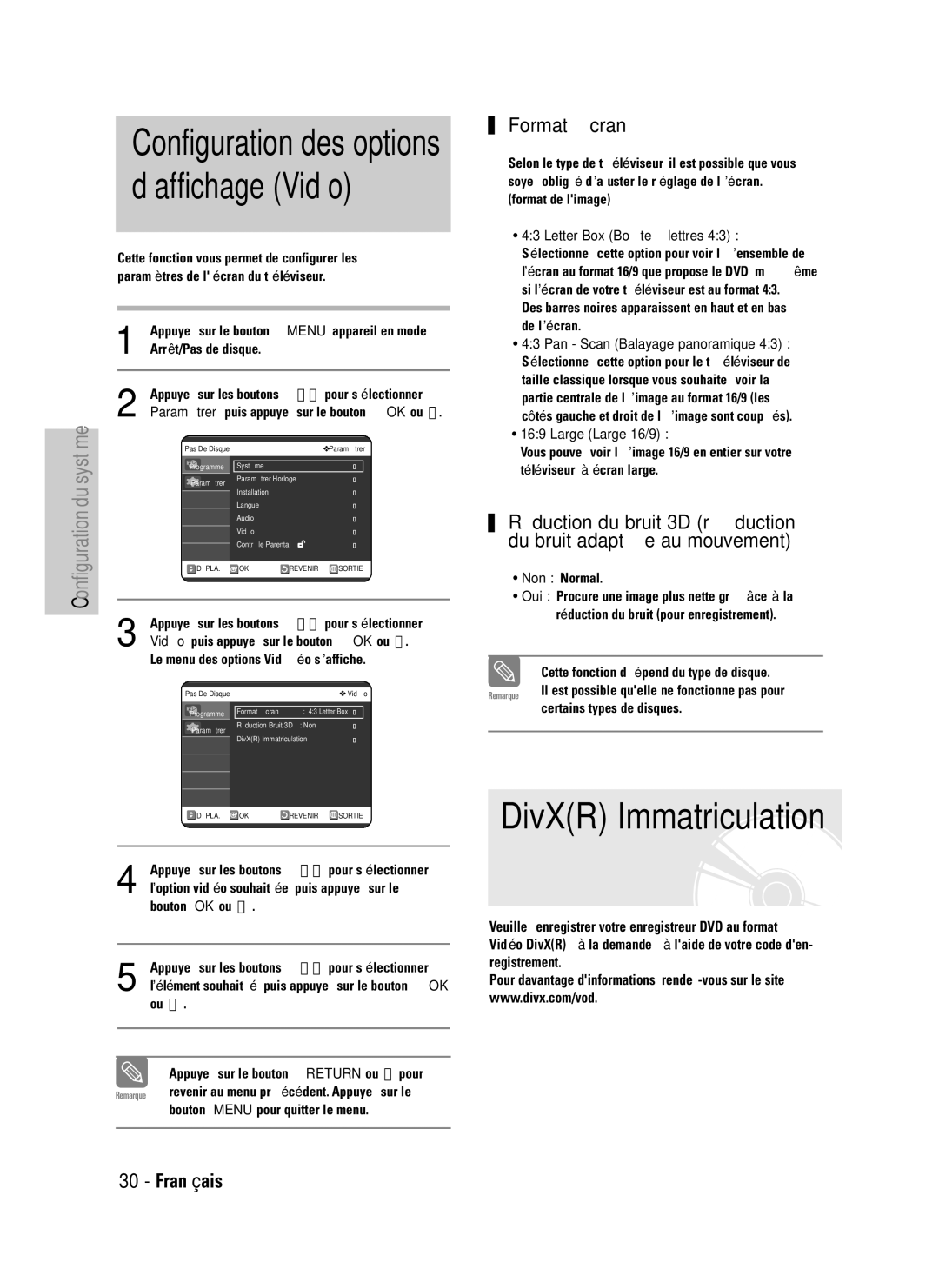 Samsung DVD-VR320P, DVD-VR320/XEF manual Format Écran, Le menu des options Vidéo s’affiche, Letter Box Boîte à lettres 