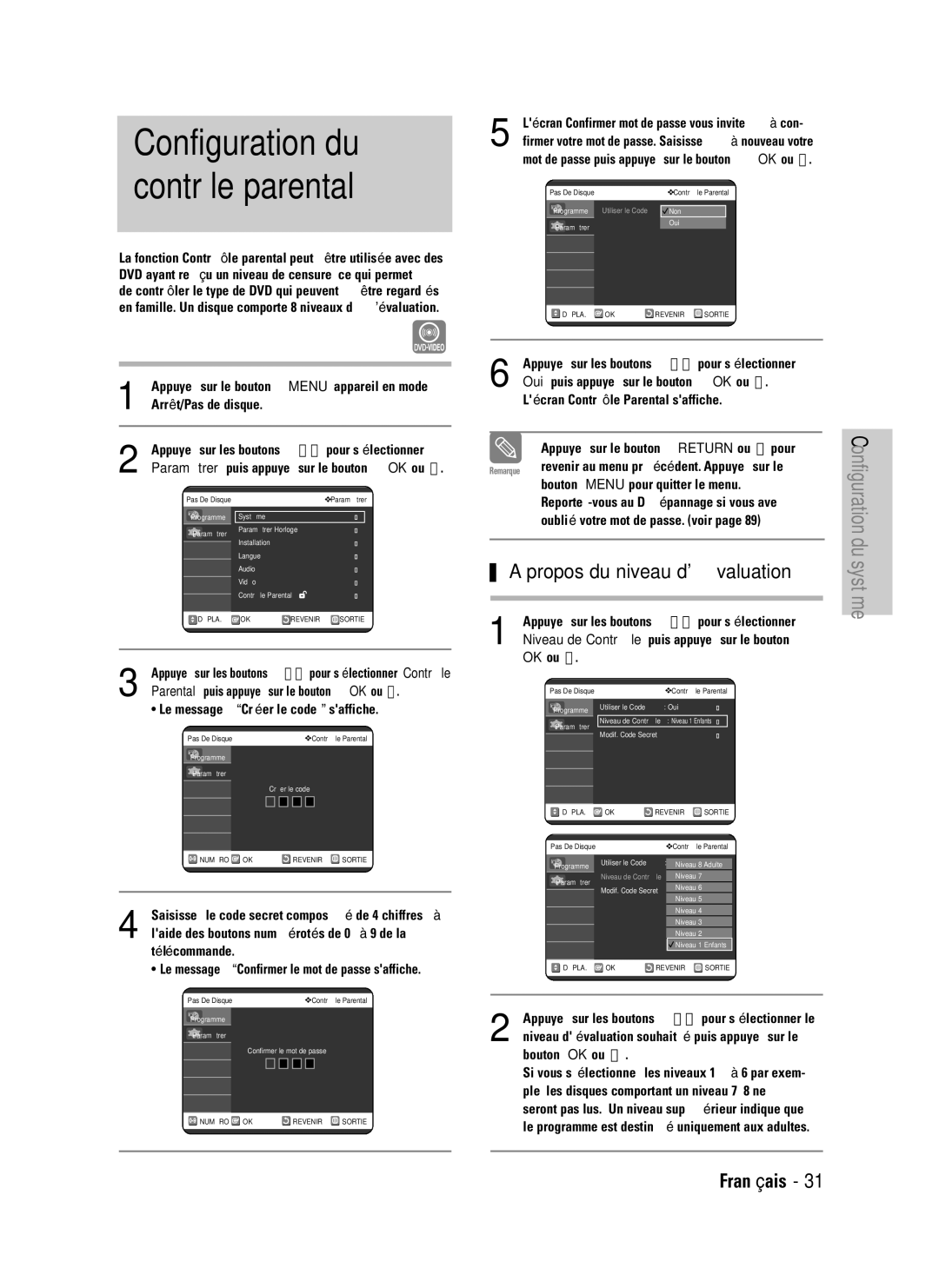 Samsung DVD-VR320/XEF, DVD-VR320P manual Configuration du contrôle parental, Propos du niveau dévaluation 