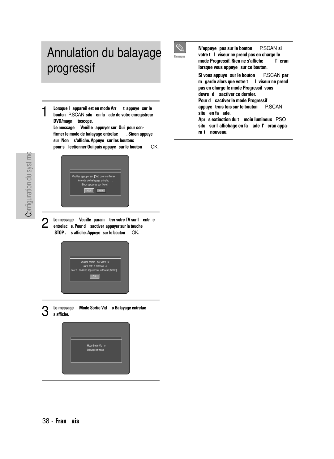 Samsung DVD-VR320P, DVD-VR320/XEF manual Progressif, Annulation du balayage 