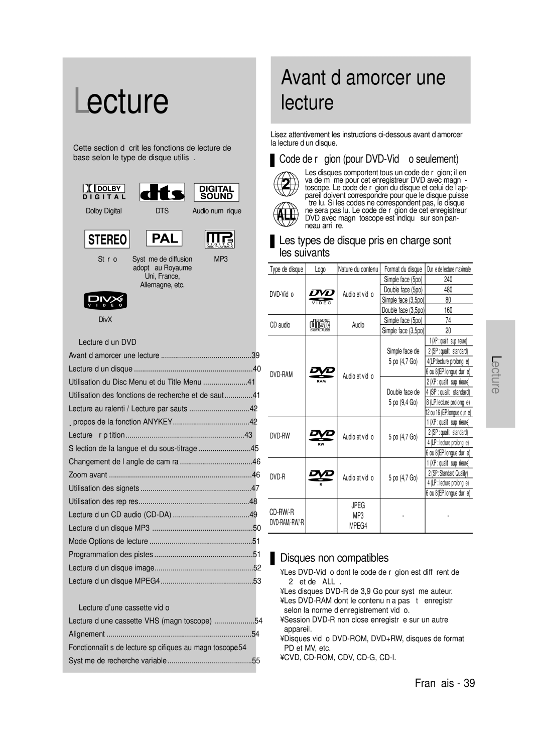 Samsung DVD-VR320/XEF manual Les types de disque pris en charge sont les suivants, Disques non compatibles, Logo, CD audio 