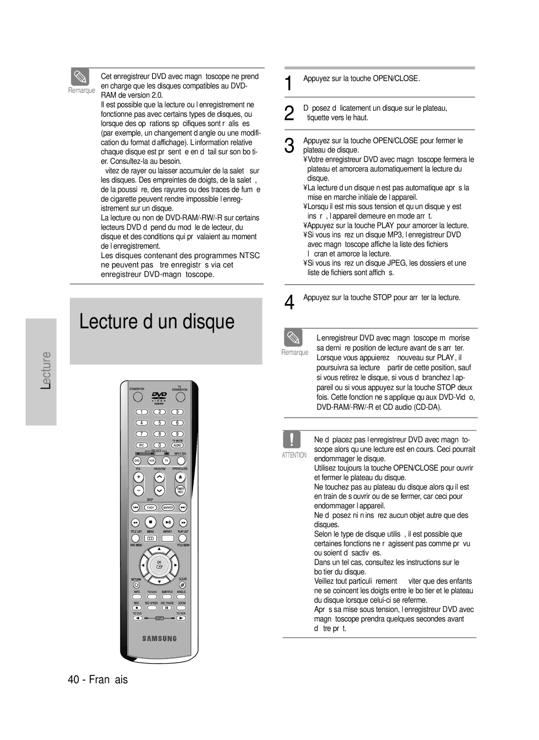 Samsung DVD-VR320P, DVD-VR320/XEF manual Lecture d’un disque 