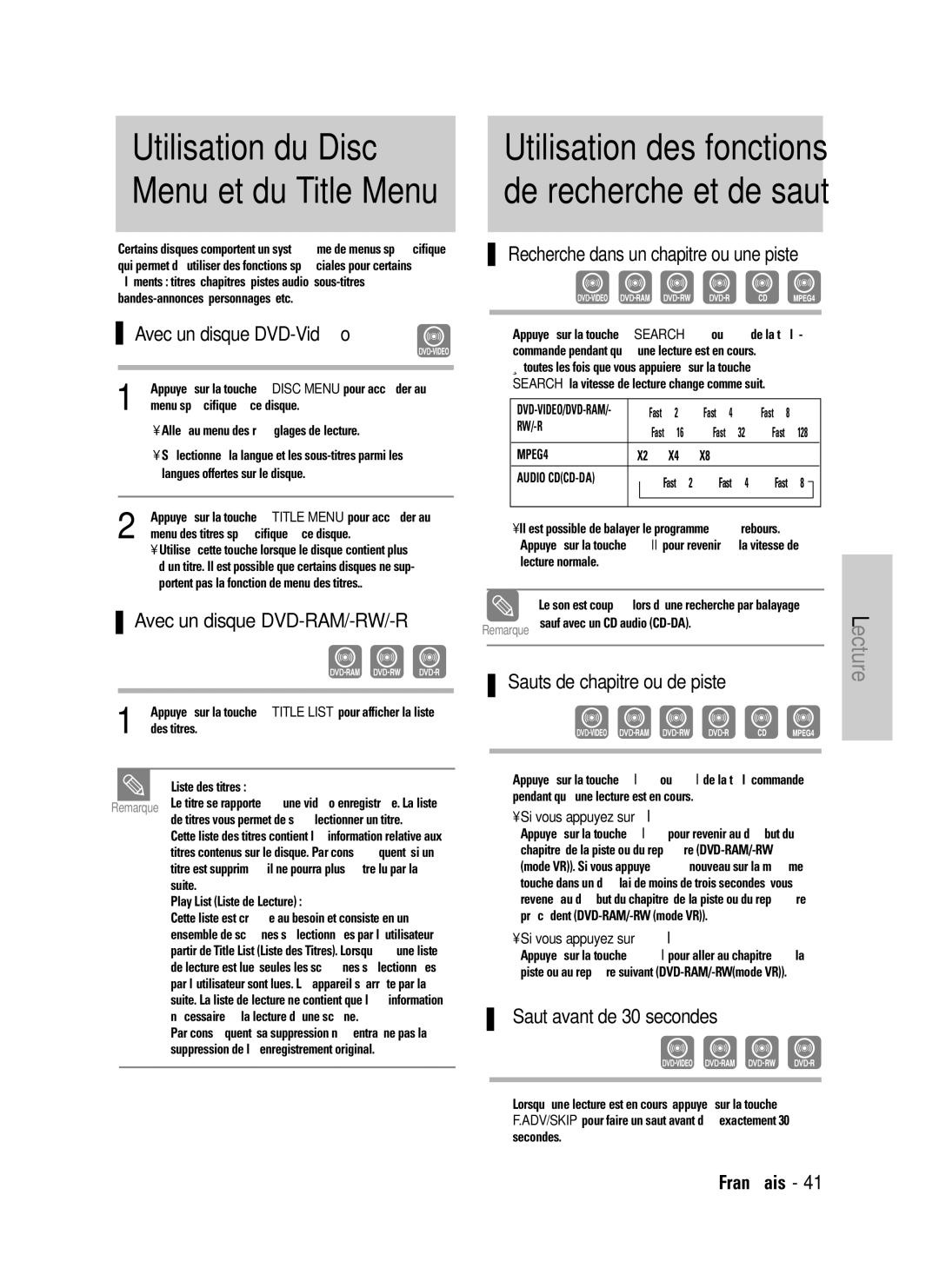 Samsung DVD-VR320/XEF manual Utilisation du Disc Menu et du Title Menu, Utilisation des fonctions de recherche et de saut 