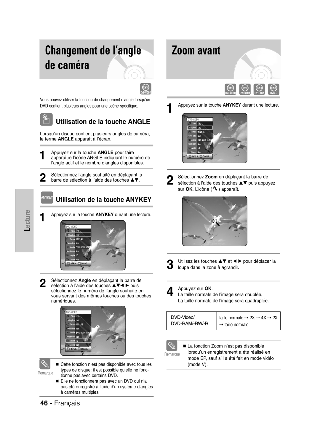 Samsung DVD-VR320P De caméra, Utilisation de la touche Angle, Sélection à l’aide des touches …†œ √ puis, Taille normale 