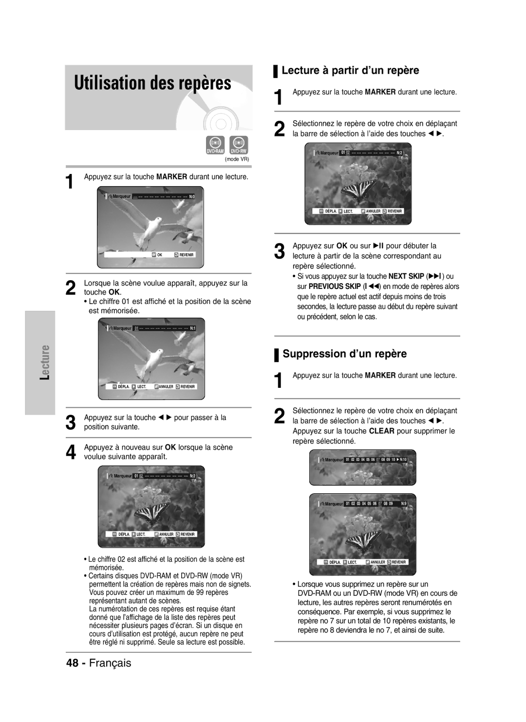 Samsung DVD-VR320P Lecture à partir d’un repère, Suppression d’un repère, La barre de sélection à l’aide des touches œ √ 