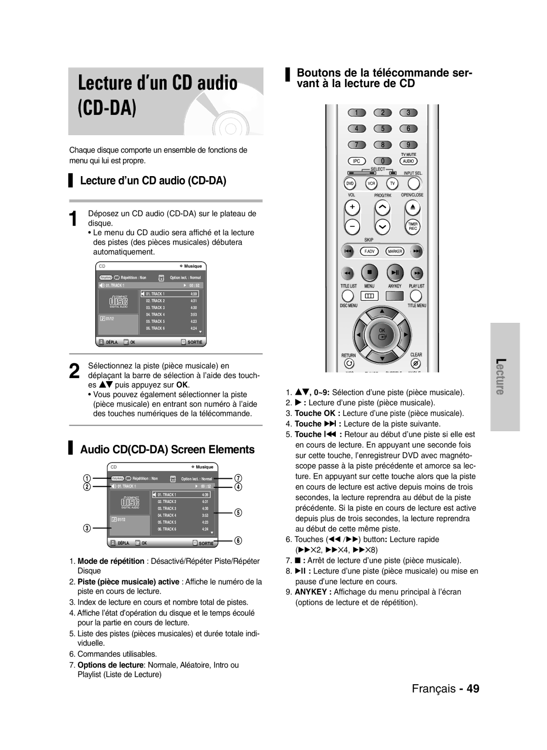 Samsung DVD-VR320/XEF, DVD-VR320P manual Lecture d’un CD audio CD-DA, Audio CDCD-DA Screen Elements 