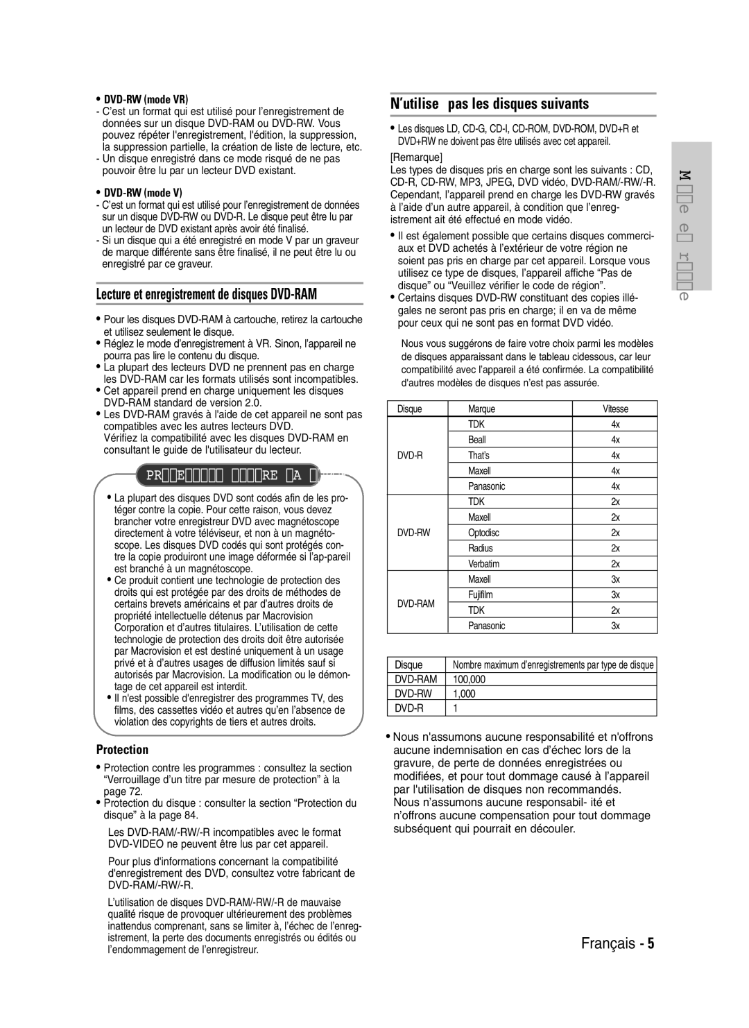 Samsung DVD-VR320/XEF, DVD-VR320P manual ’utilisez pas les disques suivants, Protection 