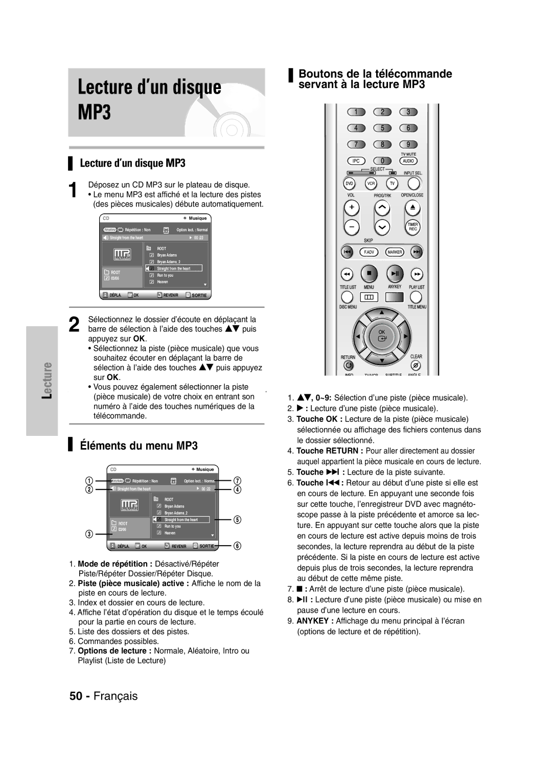 Samsung DVD-VR320P, DVD-VR320/XEF manual Éléments du menu MP3 
