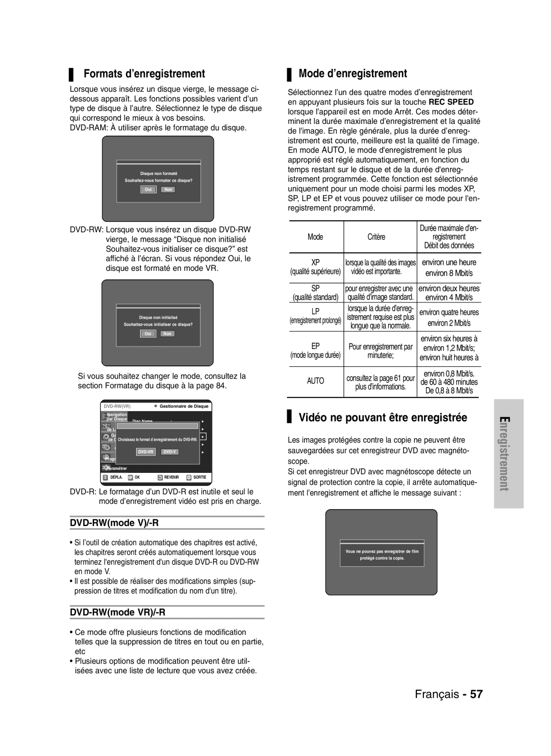 Samsung DVD-VR320/XEF, DVD-VR320P manual Formats d’enregistrement, Mode d’enregistrement, DVD-RWmode V/-R, DVD-RWmode VR/-R 