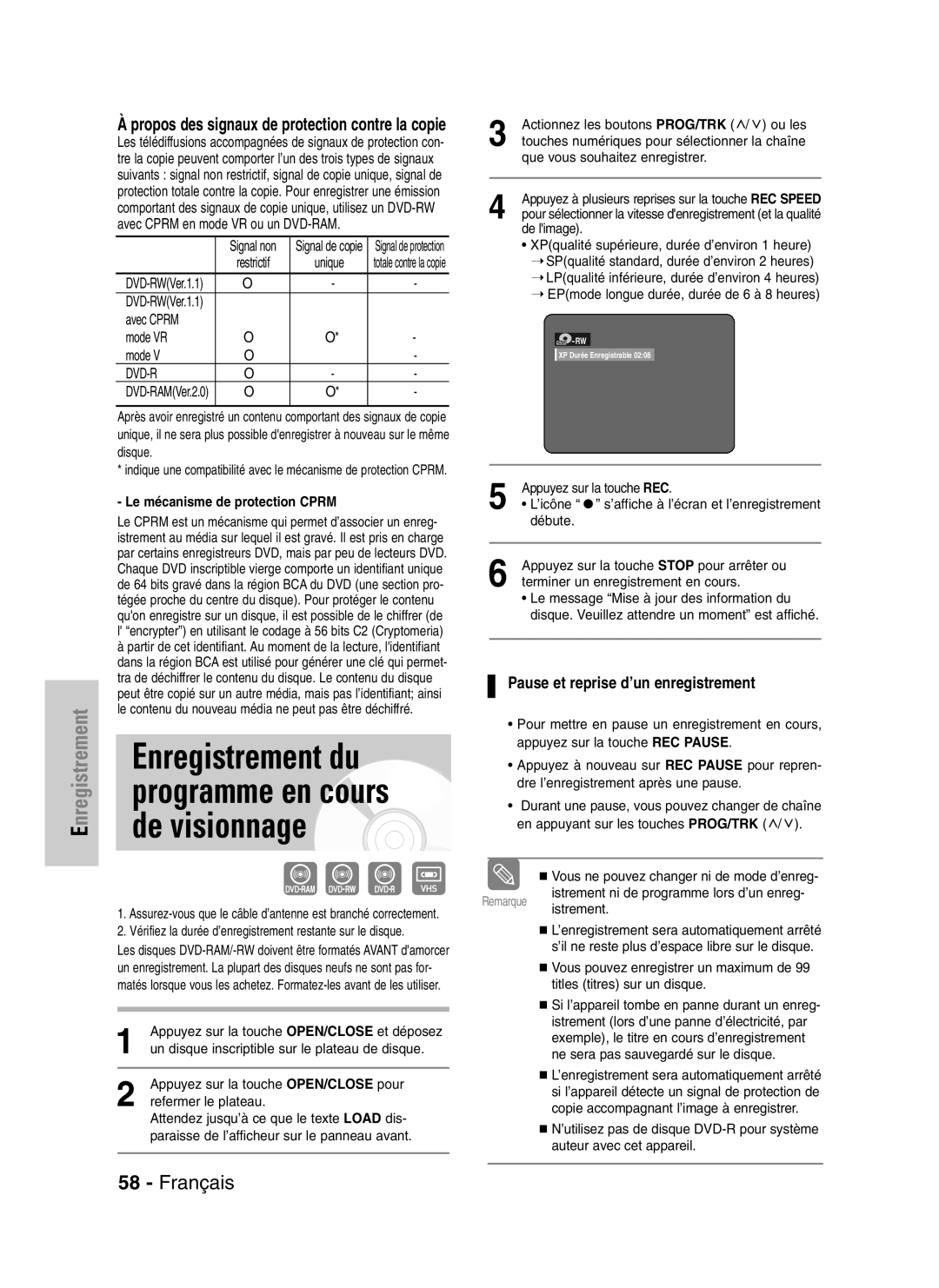 Samsung DVD-VR320P Programme en cours de visionnage, Pause et reprise d’un enregistrement, Le mécanisme de protection Cprm 