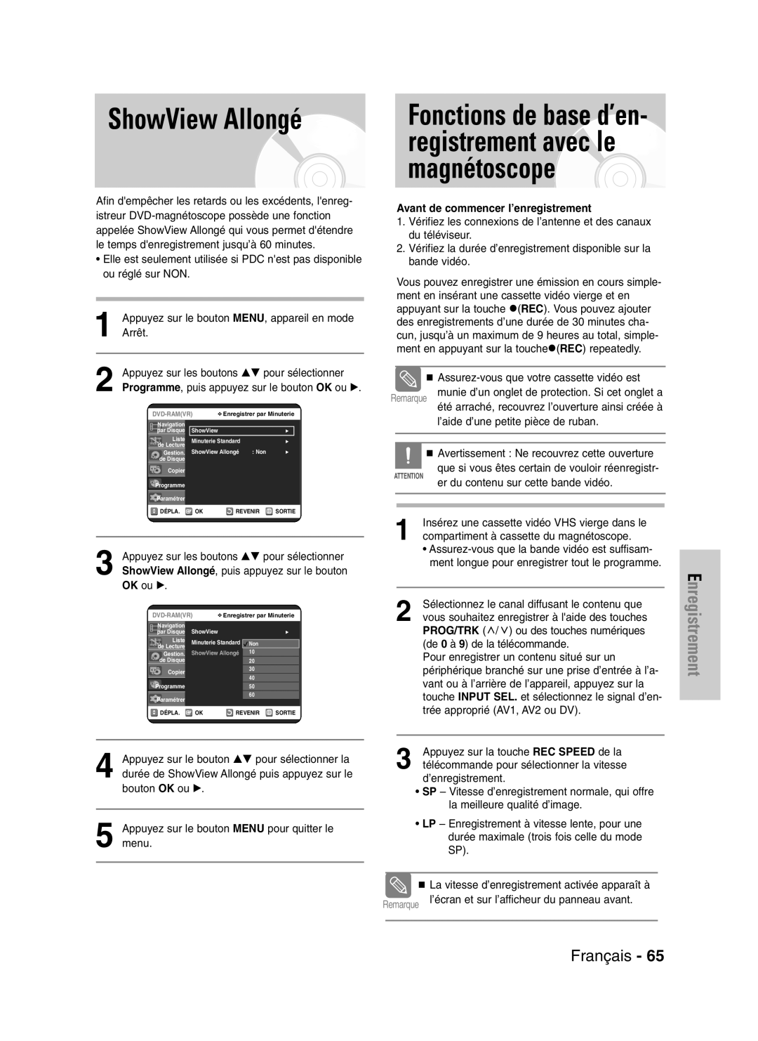 Samsung DVD-VR320/XEF, DVD-VR320P manual ShowView Allongé, Fonctions de base d’en- registrement avec le magnétoscope 