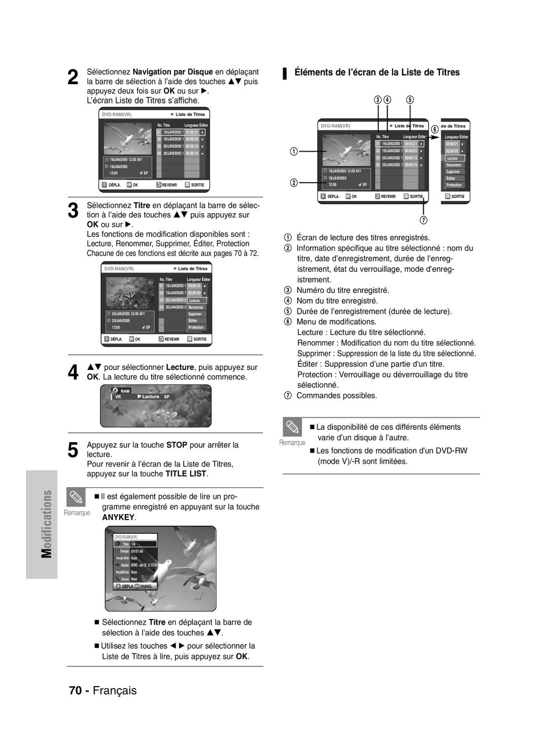 Samsung DVD-VR320P, DVD-VR320/XEF manual Éléments de l’écran de la Liste de Titres 