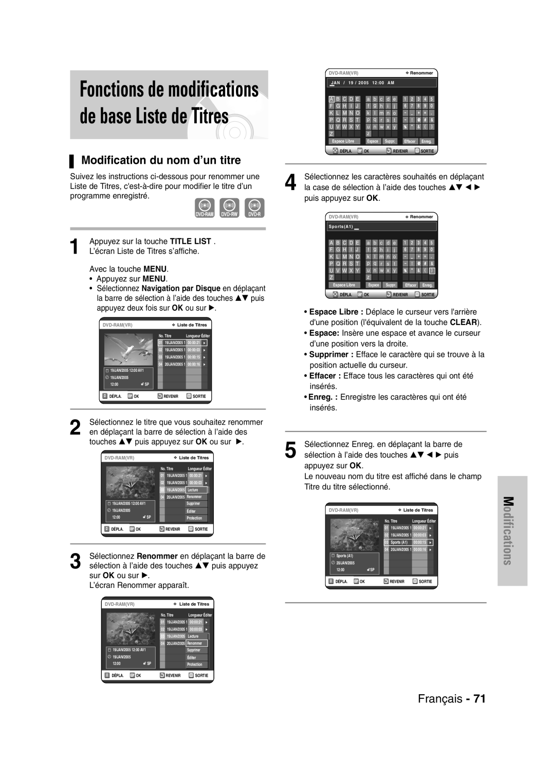 Samsung DVD-VR320/XEF, DVD-VR320P manual Modification du nom d’un titre, ’écran Liste de Titres s’affiche 