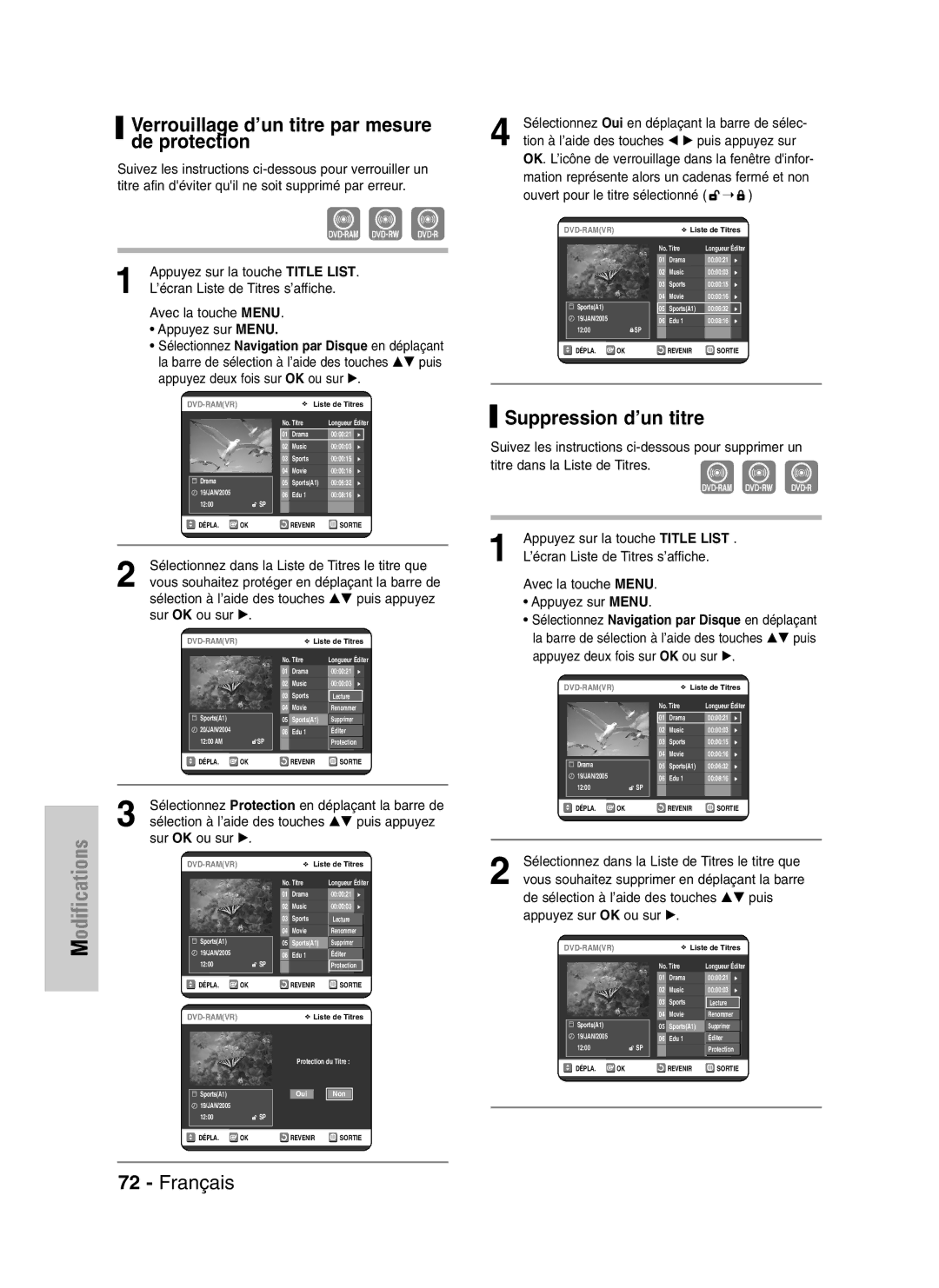 Samsung DVD-VR320P manual Verrouillage d’un titre par mesure de protection, Suppression d’un titre, Sur OK ou sur √ 