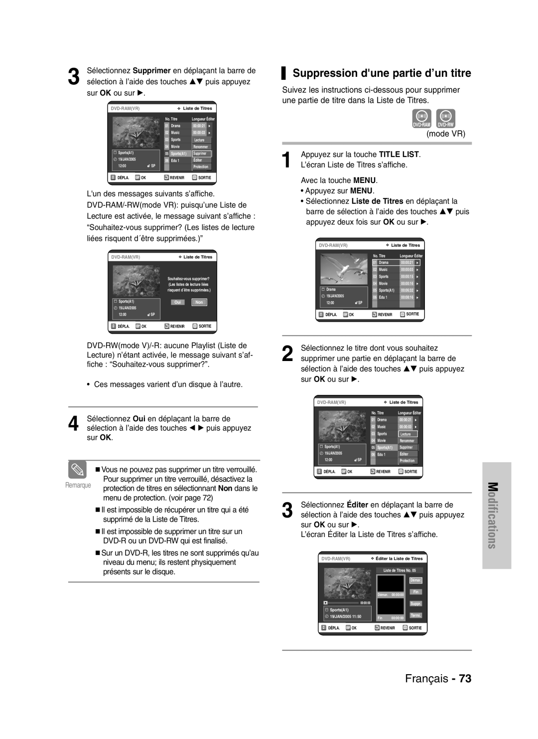 Samsung DVD-VR320/XEF, DVD-VR320P Suppression dune partie d’un titre, Menu de protection. voir, Présents sur le disque 