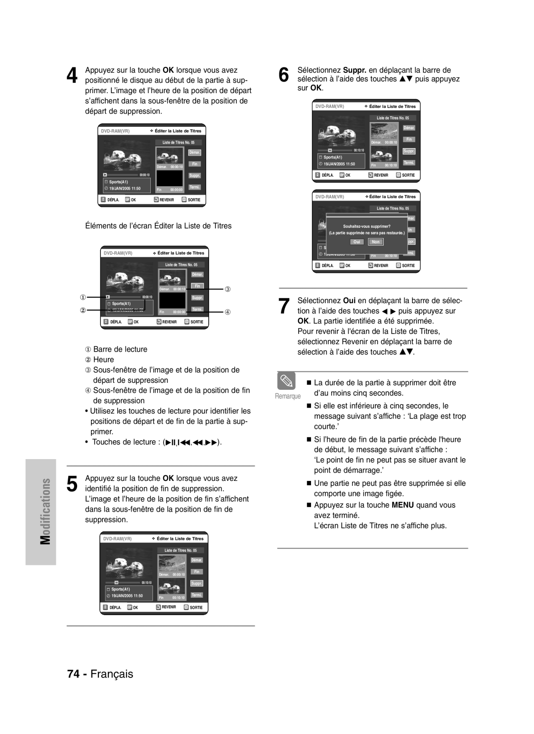 Samsung DVD-VR320P Appuyez sur la touche OK lorsque vous avez, Positionné le disque au début de la partie à sup, Sur OK 