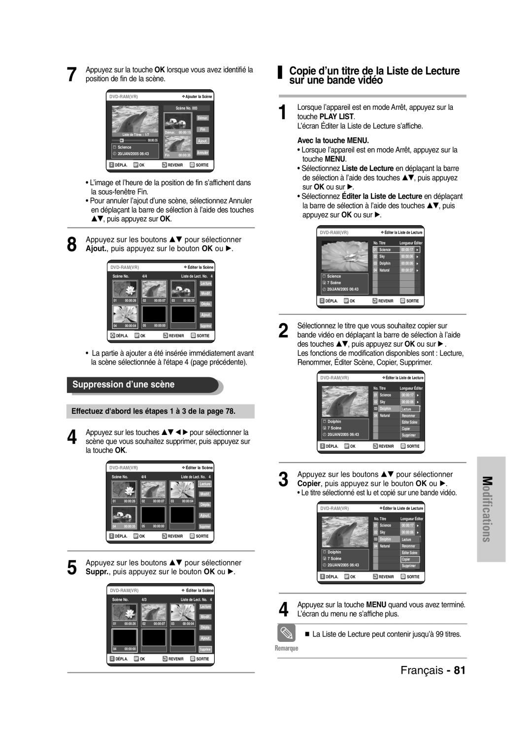 Samsung DVD-VR320/XEF, DVD-VR320P manual Copie d’un titre de la Liste de Lecture sur une bande vidéo 