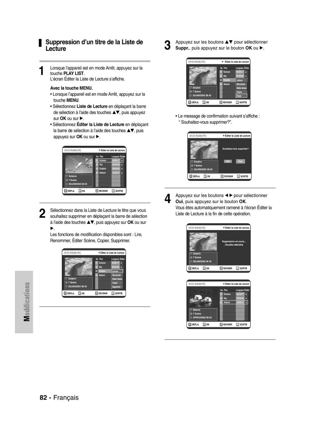 Samsung DVD-VR320P manual Suppression d’un titre de la Liste de Lecture, ’aide des touches …†, puis appuyez sur OK ou sur 