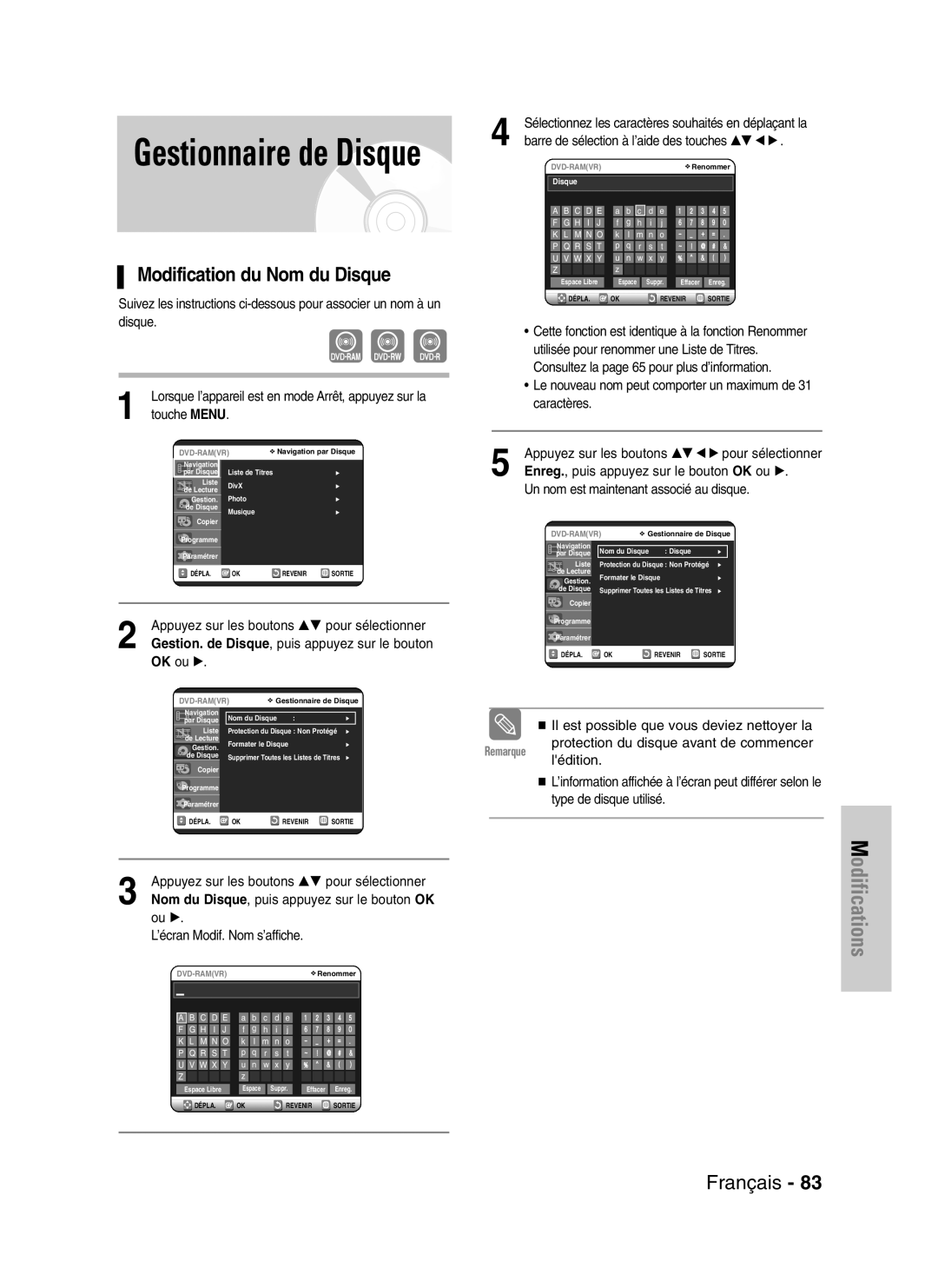 Samsung DVD-VR320/XEF, DVD-VR320P manual Modification du Nom du Disque, Touche Menu 