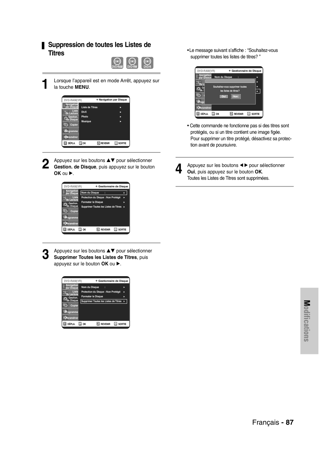 Samsung DVD-VR320/XEF manual Suppression de toutes les Listes de Titres, La touche Menu, Appuyez sur le bouton OK ou √ 