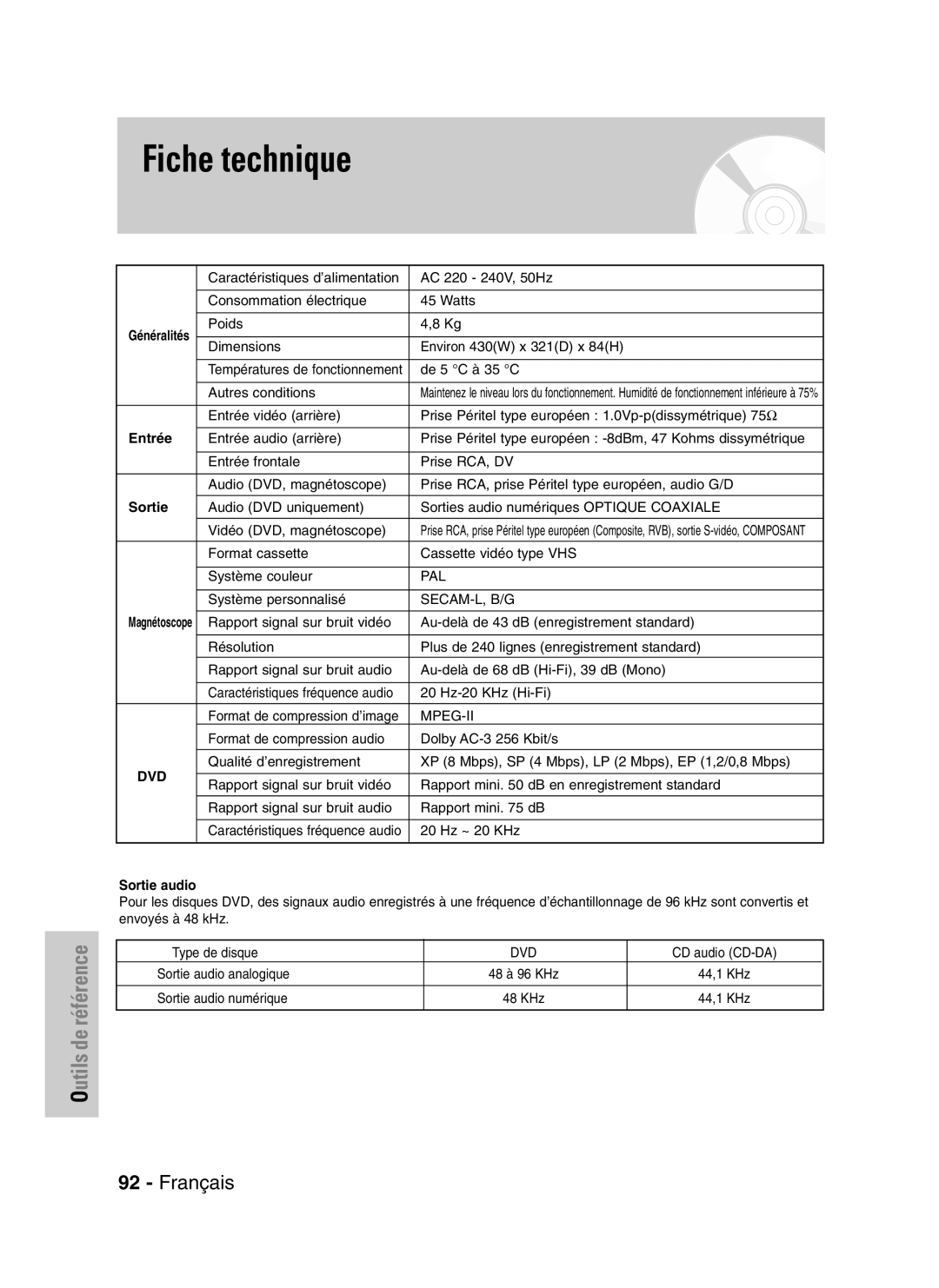 Samsung DVD-VR320P, DVD-VR320/XEF manual Entrée, Sortie audio 