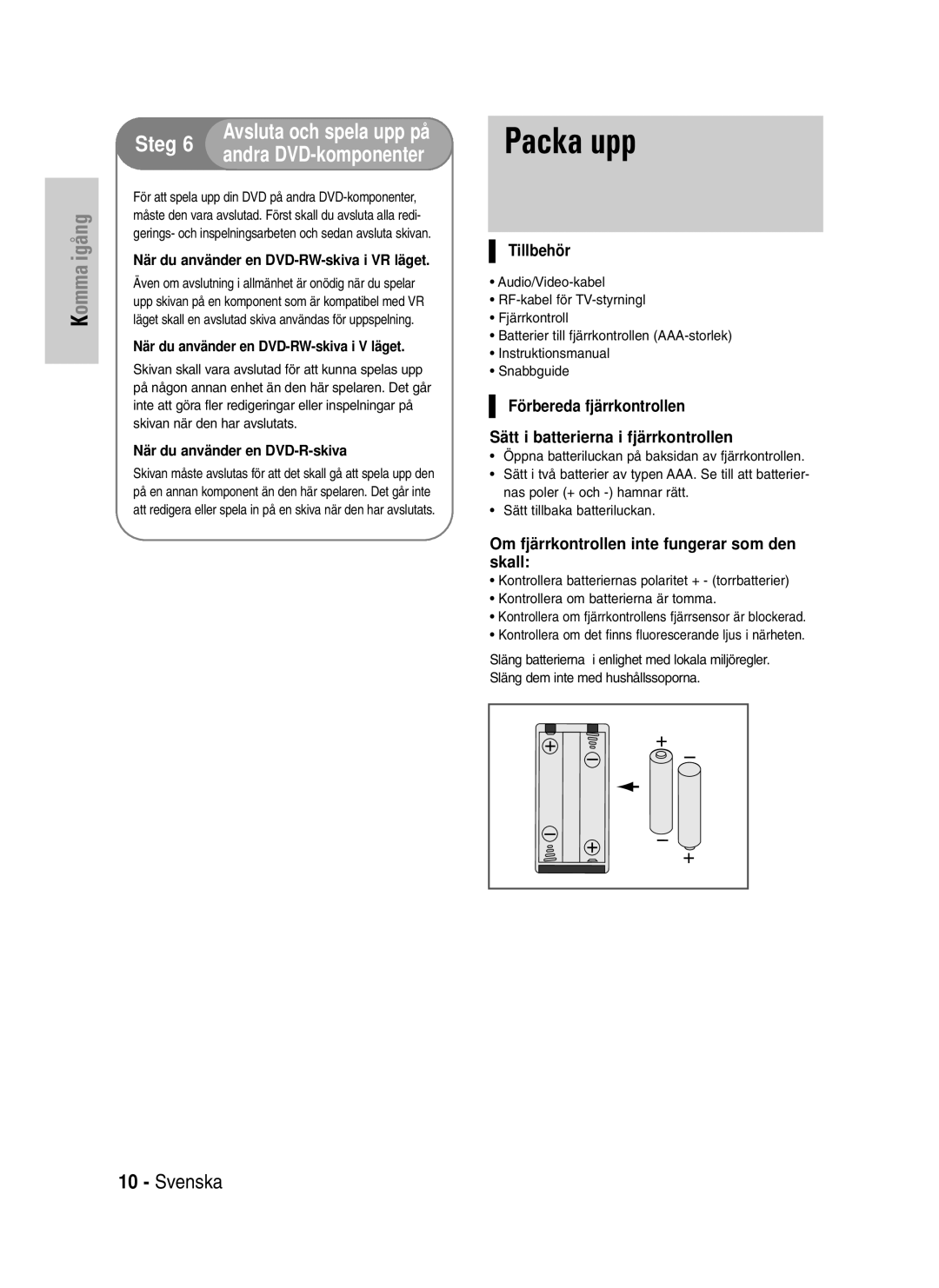 Samsung DVD-VR320/XEE manual Packa upp, Tillbehör, Om fjärrkontrollen inte fungerar som den skall 