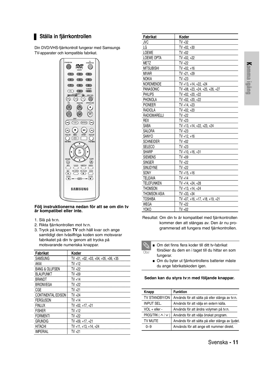 Samsung DVD-VR320/XEE manual Ställa in fjärrkontrollen, Sedan kan du styra tvn med följande knappar Knapp Funktion 