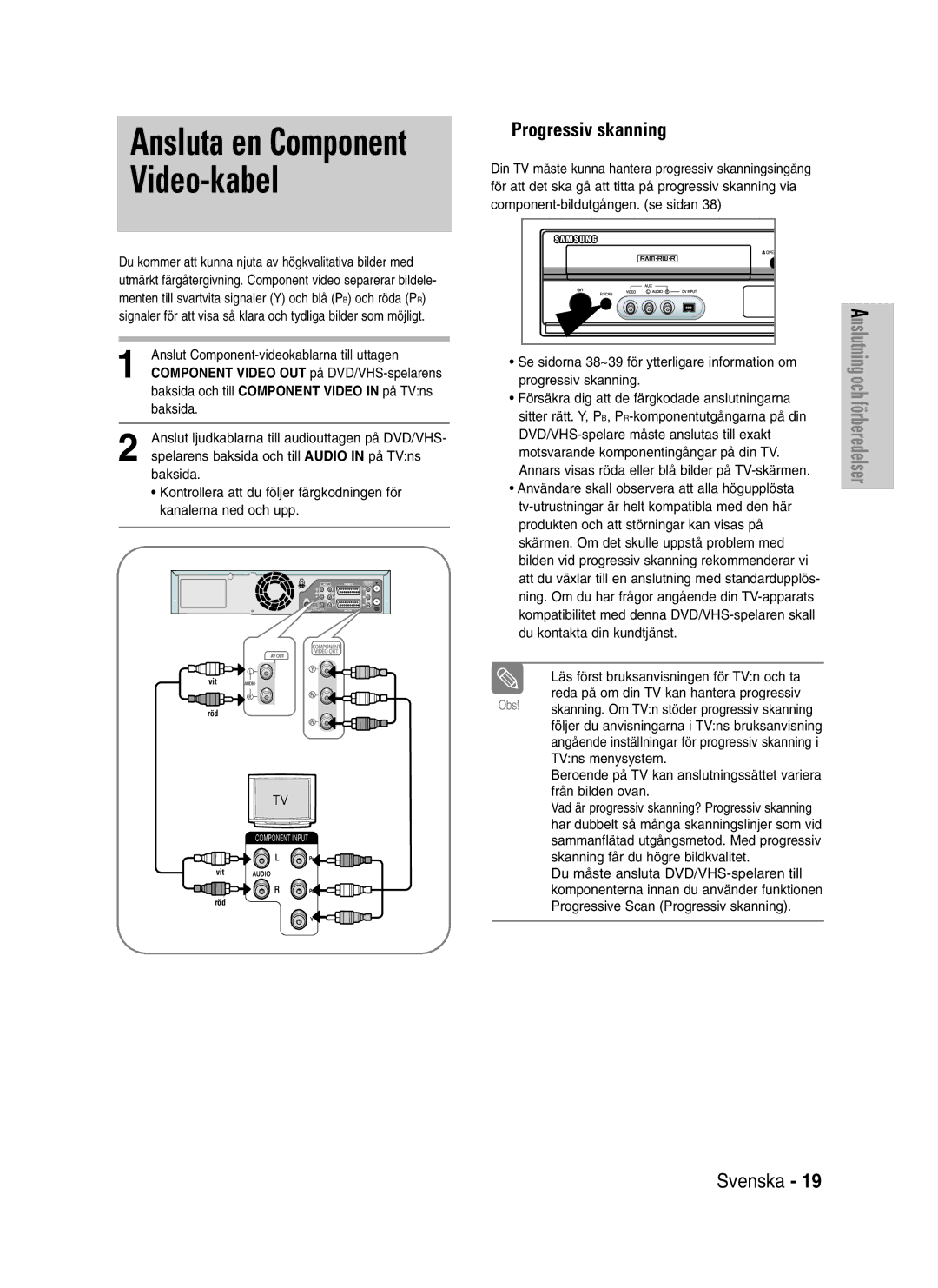 Samsung DVD-VR320/XEE manual Ansluta en Component Video-kabel, Anslut Component-videokablarna till uttagen 