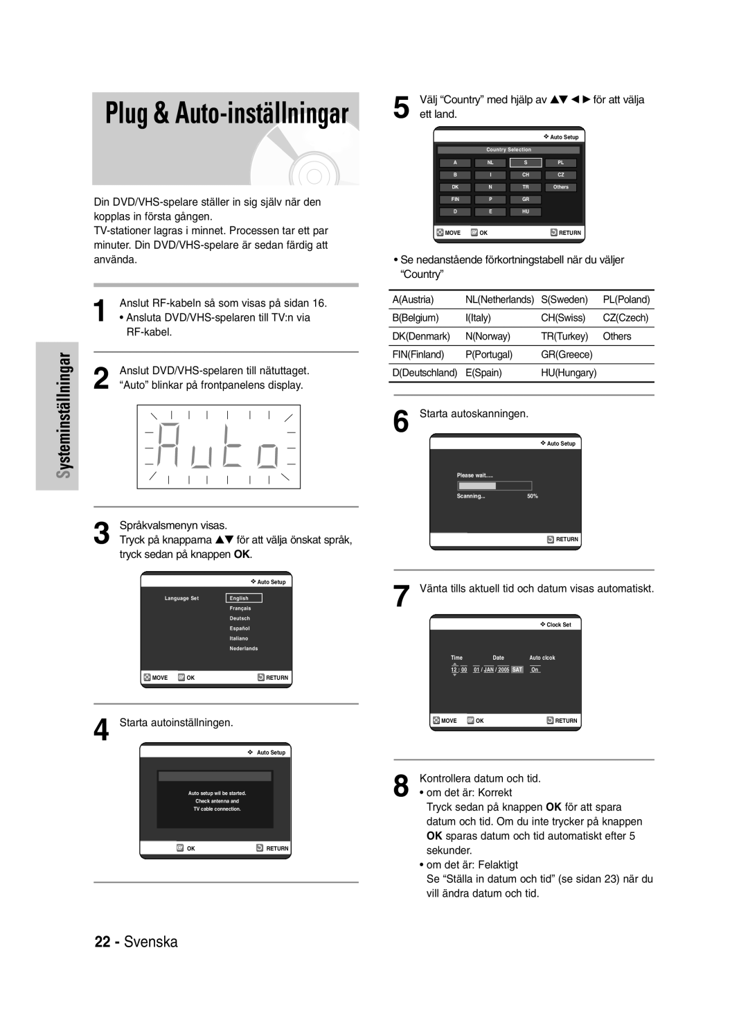 Samsung DVD-VR320/XEE manual Välj Country med hjälp av …† œ √ för att välja, Ett land 