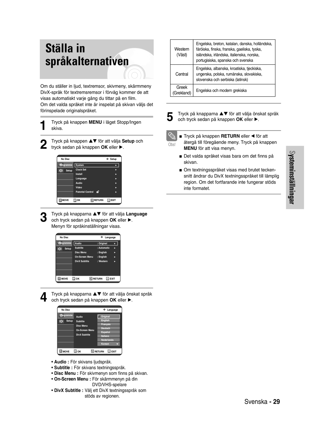 Samsung DVD-VR320/XEE manual Tryck på knapparna …† för att välja önskat språk, Och tryck sedan på knappen OK eller √ 