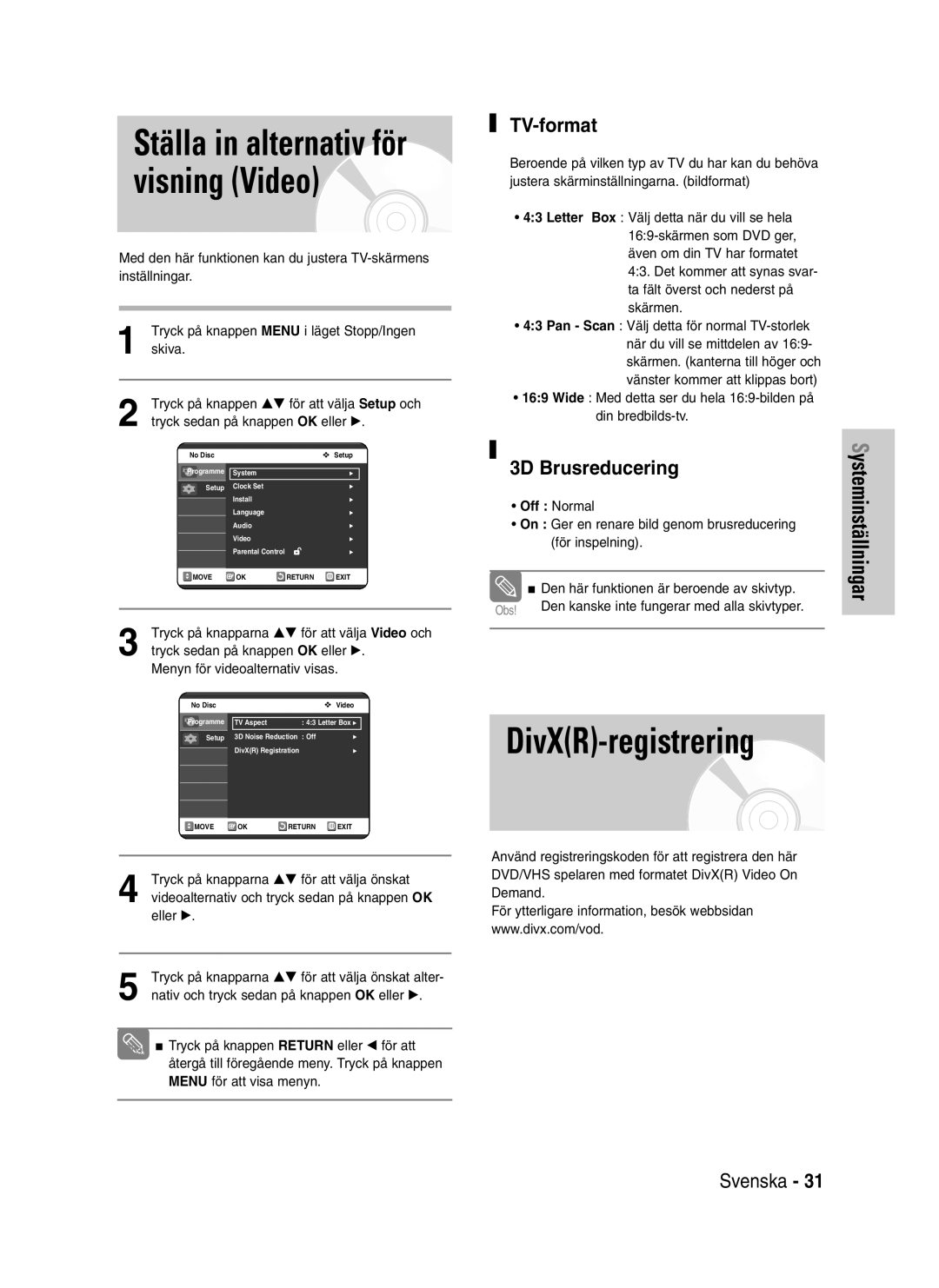 Samsung DVD-VR320/XEE manual DivXR-registrering, TV-format, 3D Brusreducering 