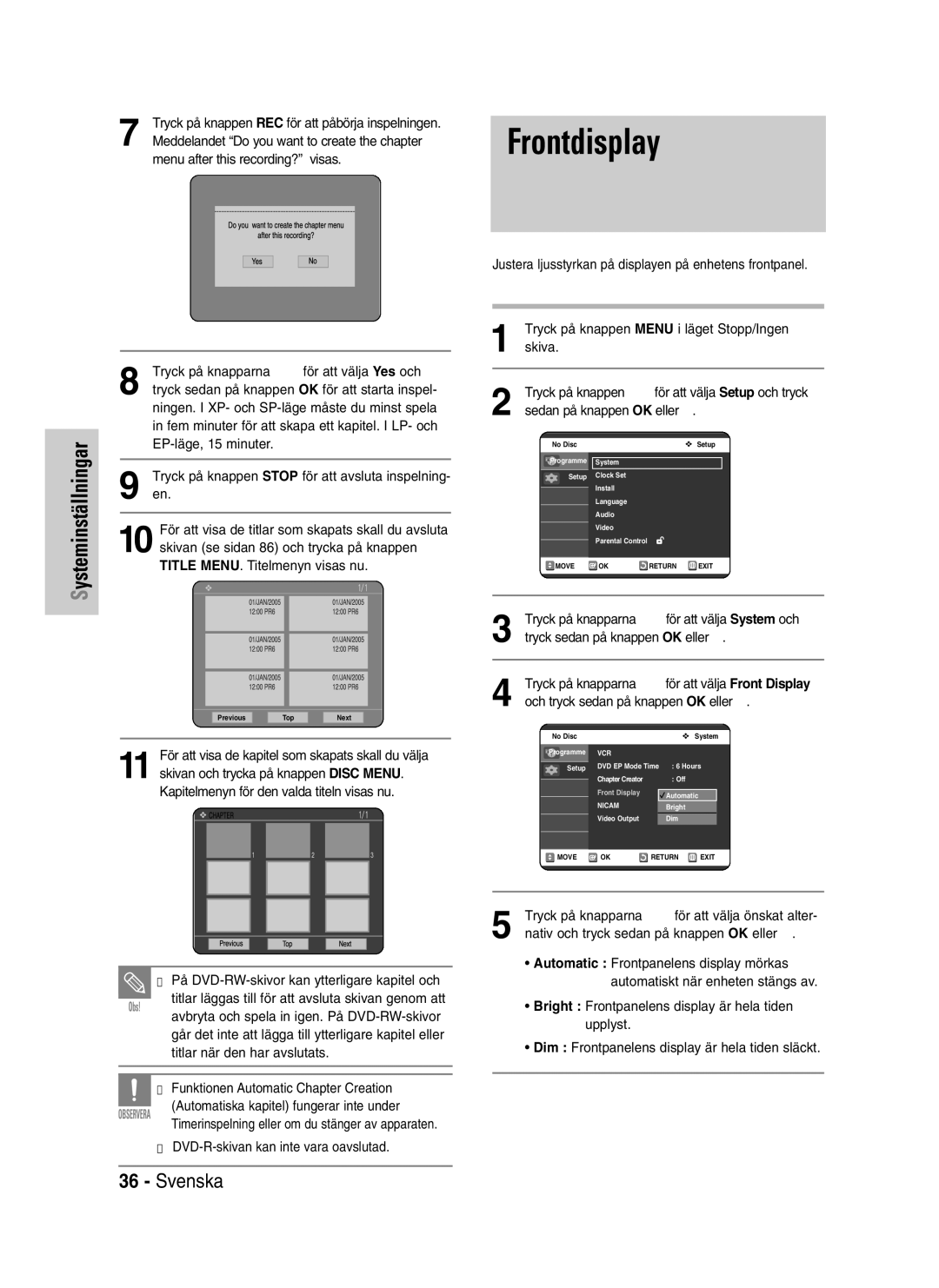 Samsung DVD-VR320/XEE manual Frontdisplay 