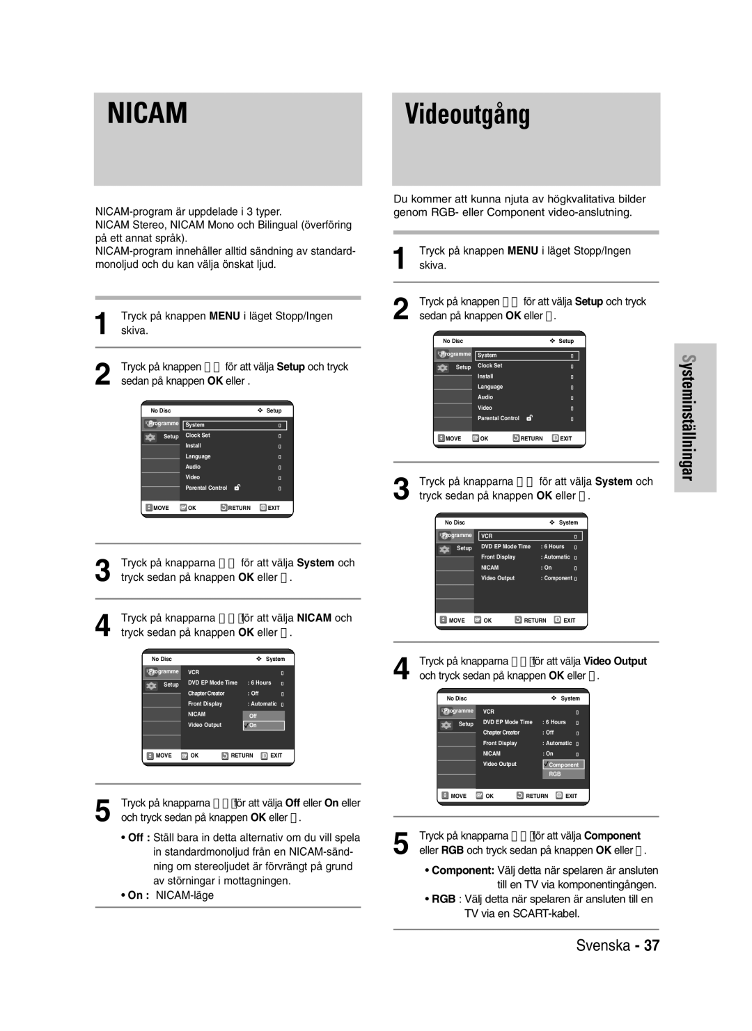 Samsung DVD-VR320/XEE manual NICAMVideoutgång, Tryck på knapparna …† för att välja Nicam och 