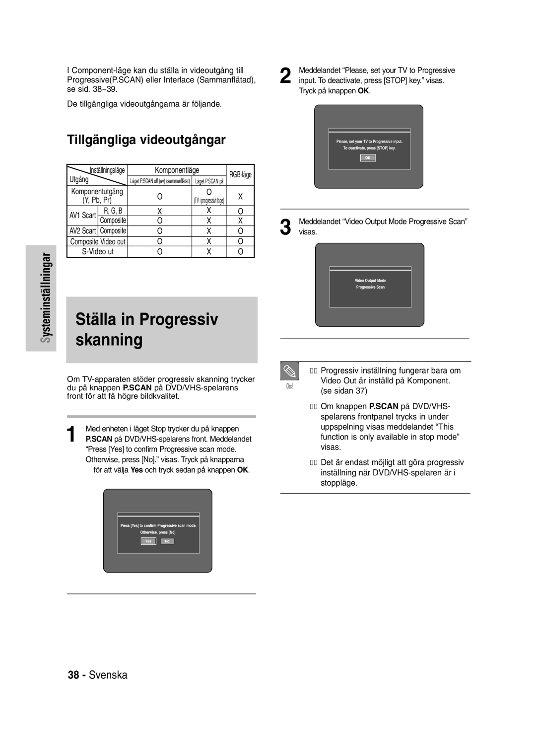 Samsung DVD-VR320/XEE manual Tillgängliga videoutgångar, Meddelandet Video Output Mode Progressive Scan visas 