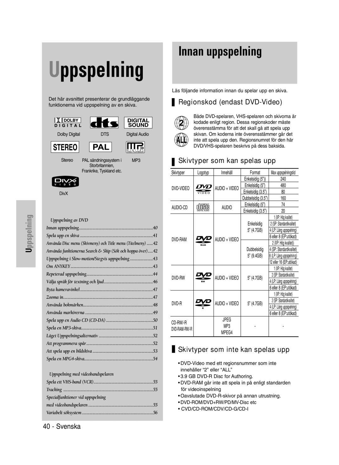 Samsung DVD-VR320/XEE manual Innan uppspelning, Regionskod endast DVD-Video, Skivtyper som kan spelas upp 