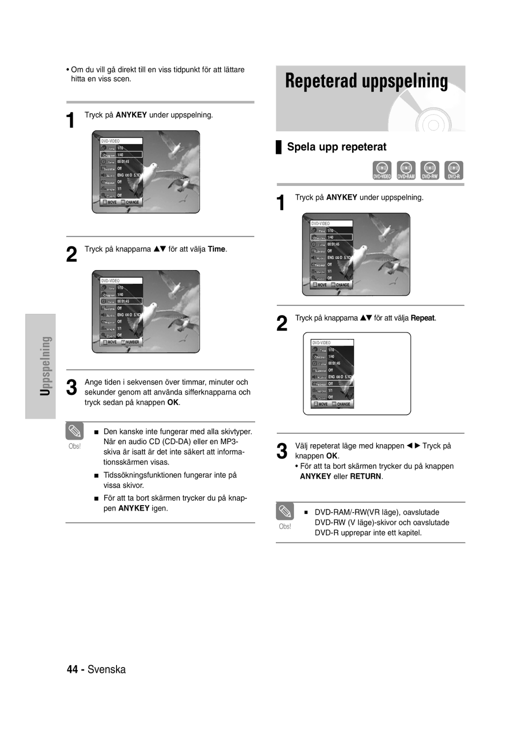 Samsung DVD-VR320/XEE manual Repeterad uppspelning, Spela upp repeterat, Sekunder genom, Anykey eller Return 