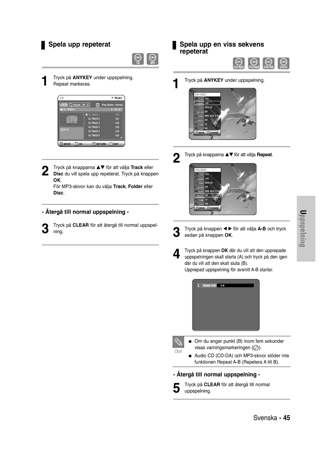 Samsung DVD-VR320/XEE manual Spela upp en viss sekvens repeterat, Återgå till normal uppspelning 