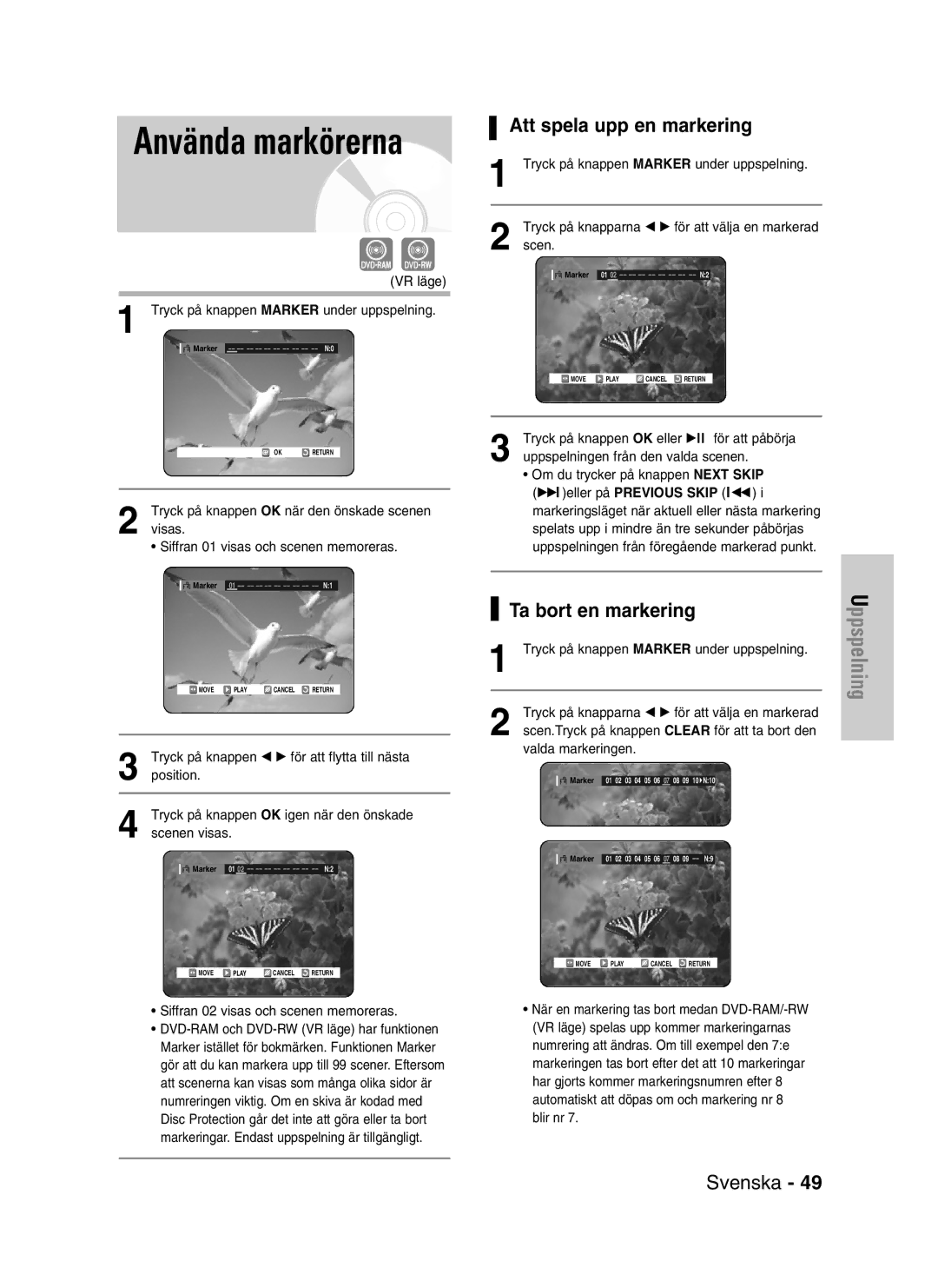 Samsung DVD-VR320/XEE manual Att spela upp en markering, VR läge Tryck på knappen Marker under uppspelning 